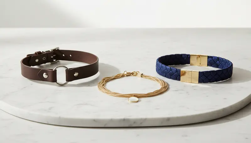 Three elegant collars of different styles displayed on marble