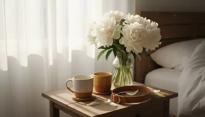 Morning scene with coffee cups and a leather collar beside flowers in warm light