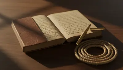 An open leather journal with a fountain pen and coiled rope on a wooden desk
