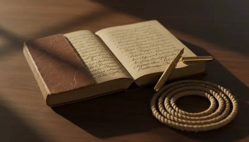 An open leather journal with a fountain pen and coiled rope on a wooden desk