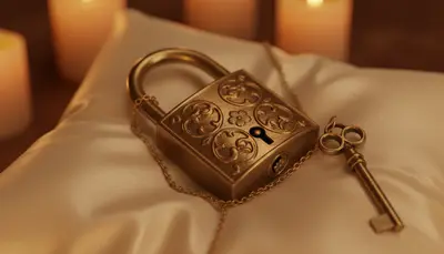 An ornate lock and key resting on a satin pillow in candlelight