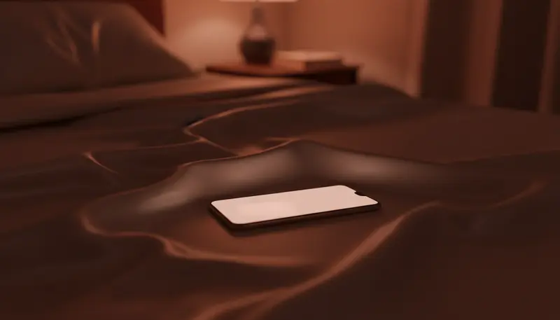 A phone glowing on satin sheets casting rose-gold light