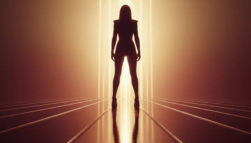 A confident feminine silhouette standing in stiletto heels from a low angle