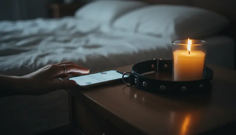 A hand reaching for a phone on a nightstand beside a leather collar and candle in warm light