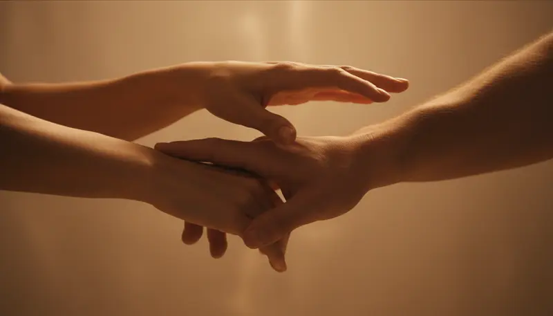 A hand gently guiding another by the wrist in warm amber light