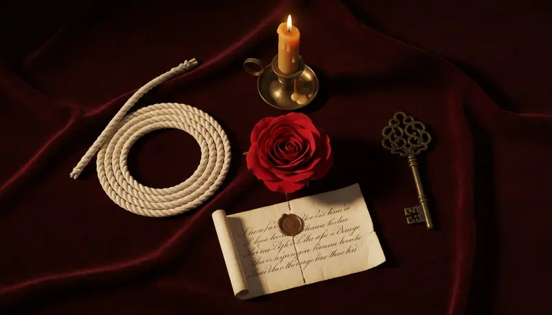 Symbolic objects on velvet — a rose, rope, letter, candle, and key