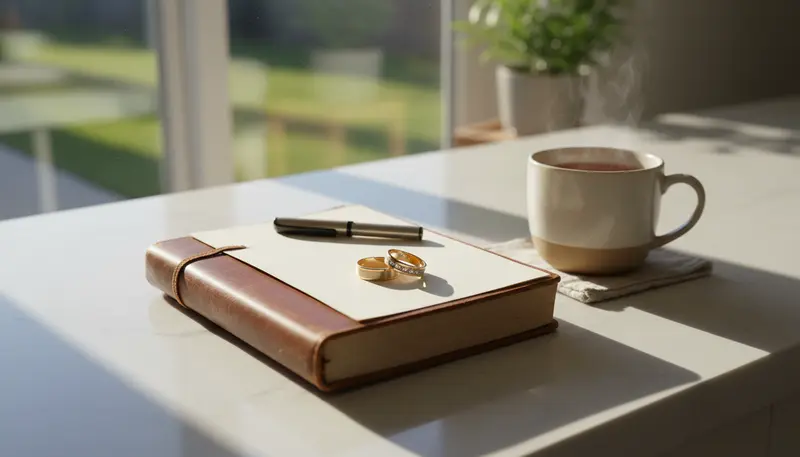 Wedding rings and journal representing a wife led marriage