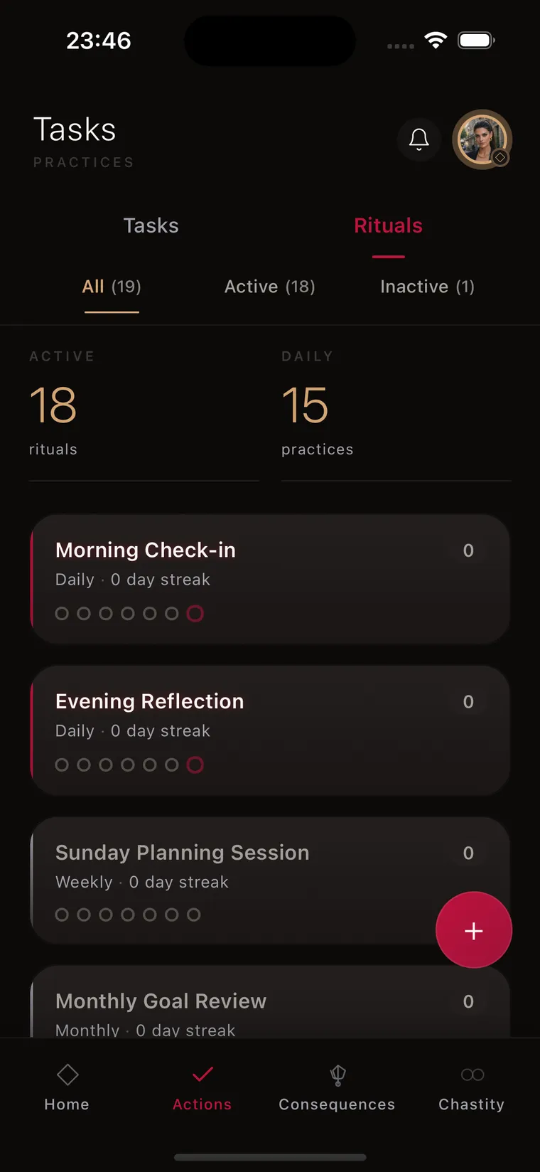 Kneel Rituals screen — Consistency Without Willpower